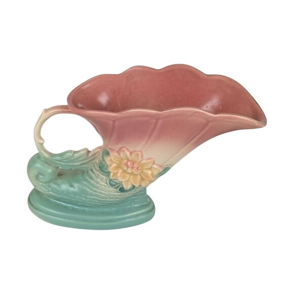 Vintage Hull Pottery Cornucopia Vase: Pink & Turquoise Waterlily, 1940s Art Deco - Picture 2 of 8